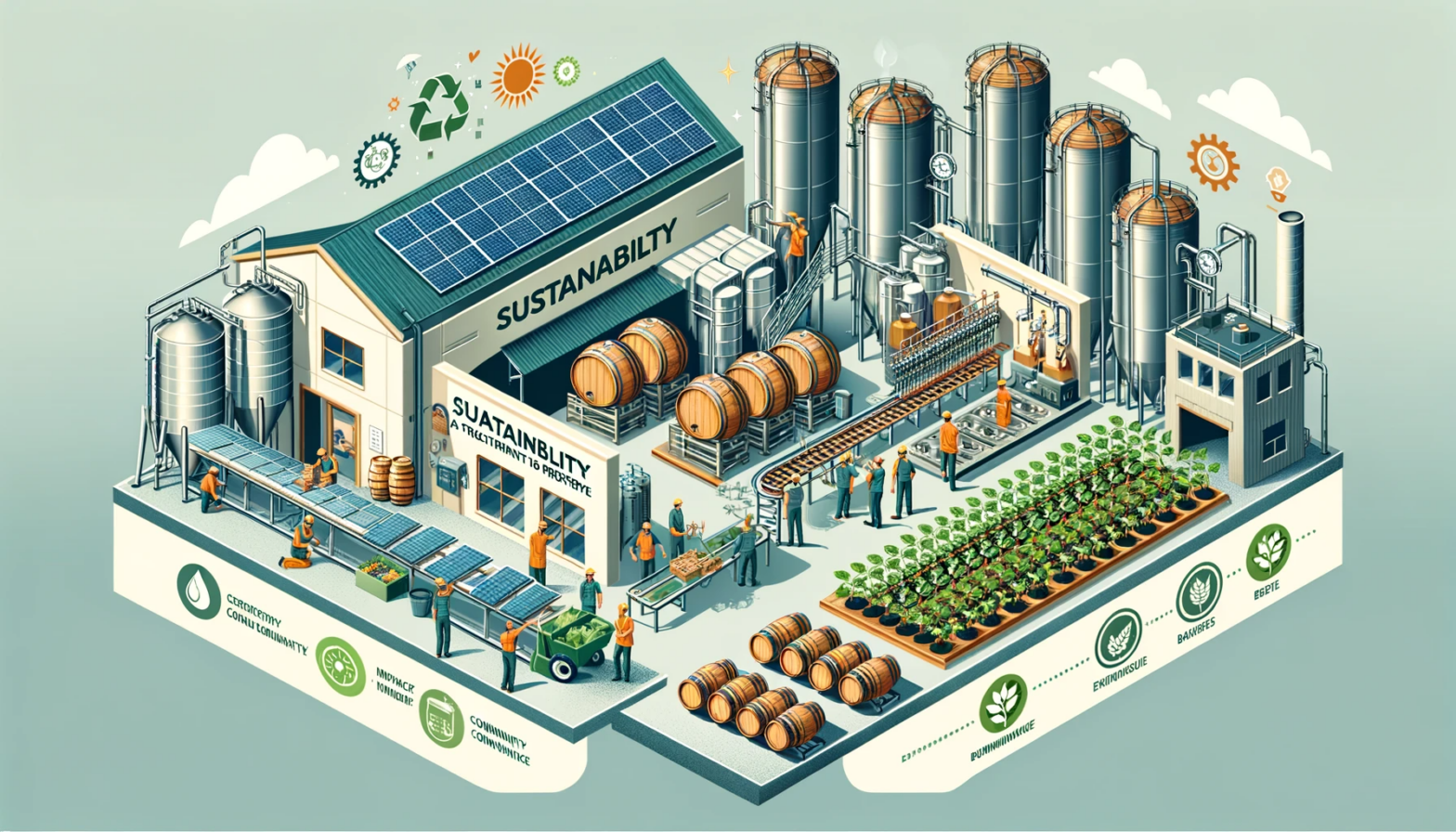 Bryggeri - ESG strategi - bæredygtig omstilling - billedet viser, hvordan forskellige elementer kan spille ind i ens ESG og den bæredygtige omstilling ved bryggerier